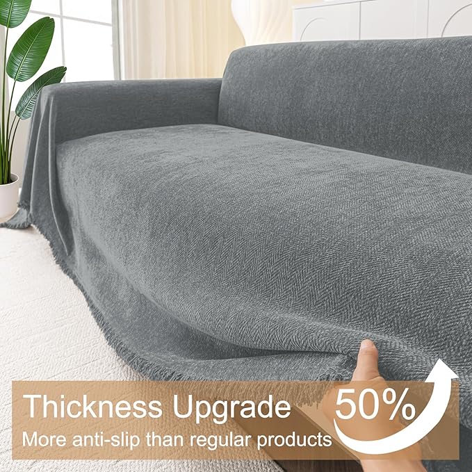 Smiry Couch Cover for Dogs, Washable Chenille Sofa Covers for 3 Cushion Couch, Soft Sofa Slipcover for Pets, Thick Sectional Furniture Protector with Tassels (Grey, 71x134 Inch)
