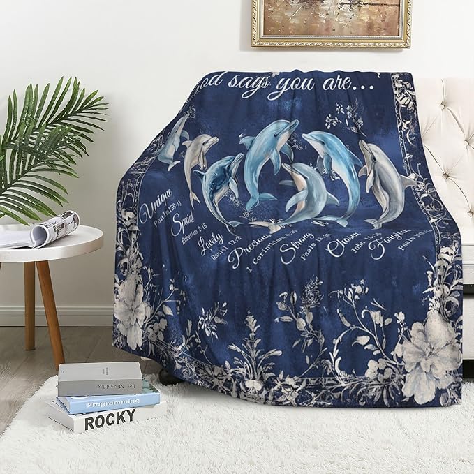 Dolphin Throw Blanket God Says You are Soft Warm Cozy Christian Scripture Dolphins Blankets Religious Bible Verse Fuzzy Plush Fleece Dolphin Blanket Nautical Ocean Gifts for Home Decor 40''X50''