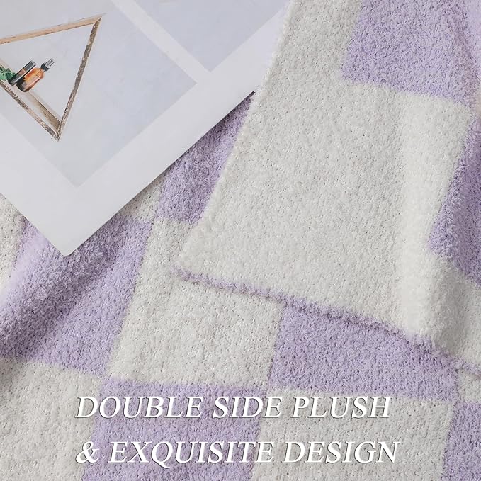 bearberry Fuzzy Checkerboard Grid Throw Blanket Knitted Soft Cozy Warm Microfiber Blanket Decor for Couch Sofa Bed Travel Home (Purple, 40''x50'')