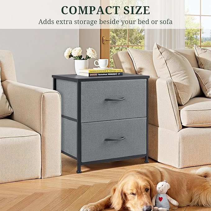 Nightstand Set of 2, Small 2 Drawer Dresser End Table Bedside Furniture, Wooden Top Fabric Bins for Bedroom, Closet, Entryway, Dorm, 11.8" D x 18" W x 20", Gray