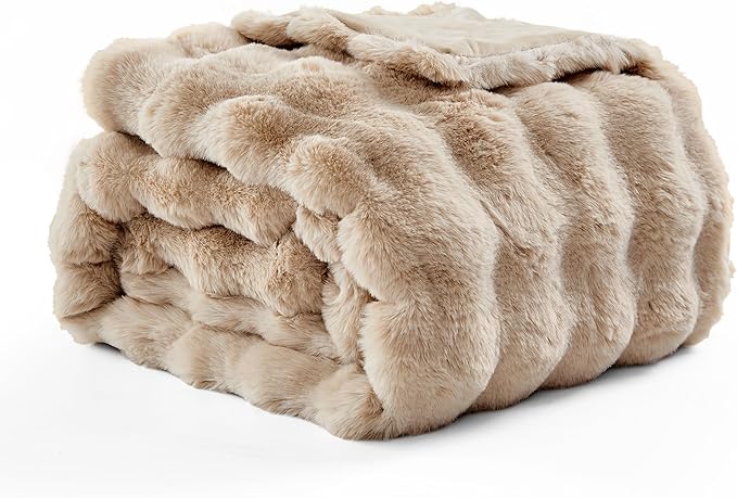 WDCOZY Luxury Bubble Throw Blanket, Faux Fur Mink Plush Throw for Couch, Sofa and Bed, Soft Fluffy Fuzzy Furry Cozy Blanket, Thick and Warm, 60x80 inches, Beige Tan Taupe Camel, 950 GSM