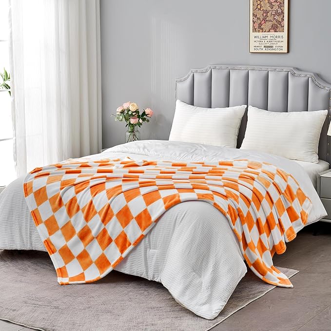 Orange Checkered Blanket, Soft Cozy Fleece Checkered Throw Blankets for Bed Sofa Couch Camping, Ultra Fluffy Throws for All Seasons, 60x80 Inch, Orange