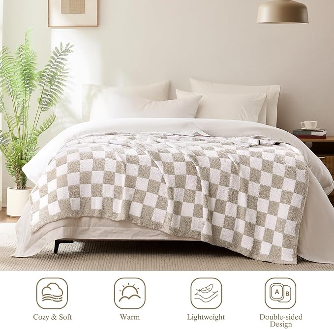 Checkered Throw Blanket, Taupe Soft Cozy Fluffy Knitted Throw Blankets for Couch, Sofa, Bed, Chair, Warm Fuzzy Travel Picnic Lightweight Plaid Blanket, 60x80 inches