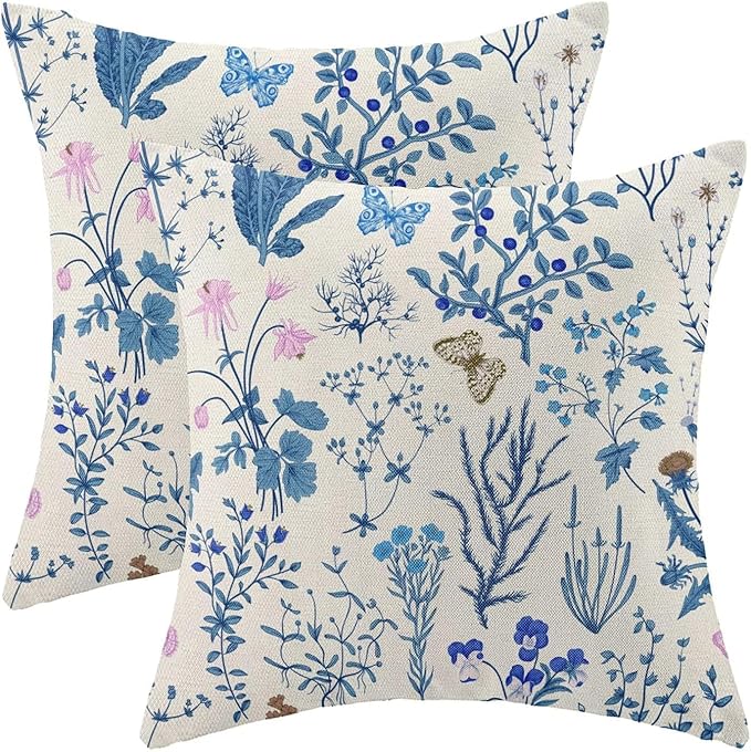 AEIOAE Summer Pillow Covers 22x22 Inch Set of 2,Blue Wild Flower Plant Throw Pillows Case,Seasonal Floral Outdoor Decorative Square Linen Farmhouse Decor Cushion Covers for Home Sofa Bed Couch