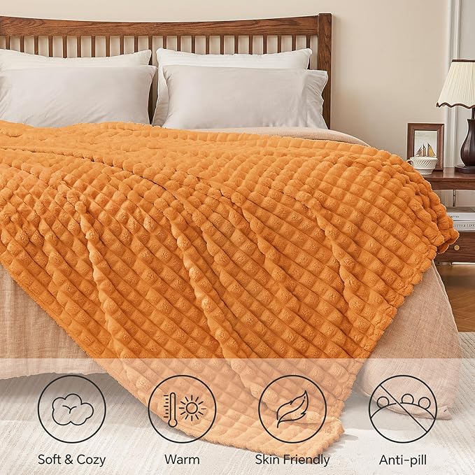 BEDELITE Burnt Orange Throw Blanket Twin Size for Bed- Super Soft and Warm 3D Checkered Fluffy Fuzzy Fleece Blanket, Luxurious Plush Cozy Blanket for Room Decor Fall and Winter, 60x80 inches