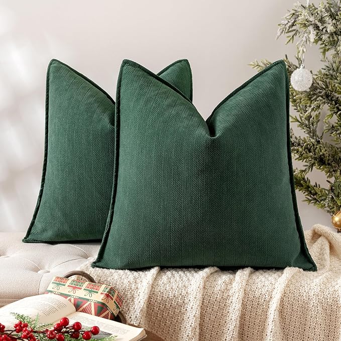 MIULEE Pack of 2 Green Decorative Pillow Covers 22x22 Inch Soft Chenille Luxurious Couch Throw Pillows Farmhouse Cushion Covers Euro Shams with Elegant Design for Sofa Bedroom Home Decor