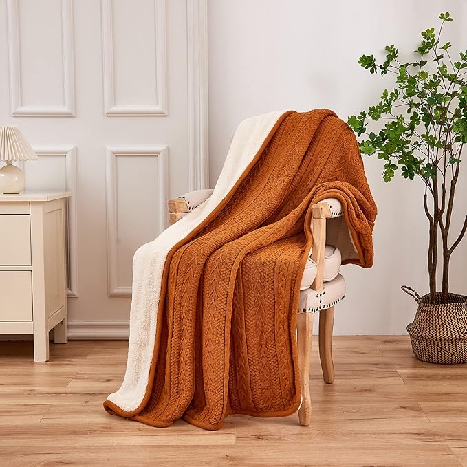 Longhui bedding Acrylic Cable Knit Sherpa Throw Blanket - Thick, Soft, Big, Cozy Burnt Orange Knitted Fleece Blankets for Couch, Sofa, Bed - Large 60 x 80 Inches Coverlet All Season