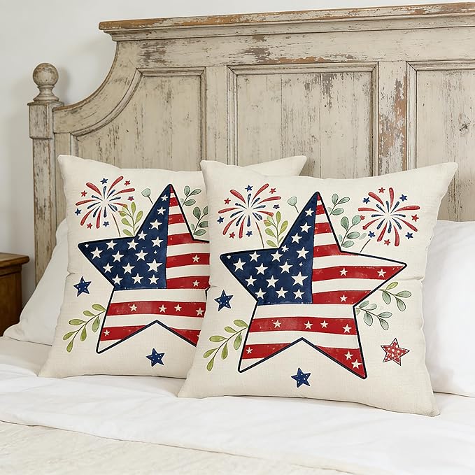 4th of July Patriotic Star Independence Day Throw Pillow Covers, Linen, 18x18 Inch, Set of 2, Farmhouse Style, Multicolor