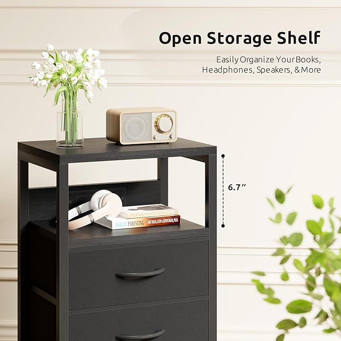 NightStand Bedside Charging Table Bedroom - Black Night Stand with Charger Station, Modern Bed Side End Table with Open Shelf & 4 Fabric Drawers, USB-C Port for Dorm Living Room