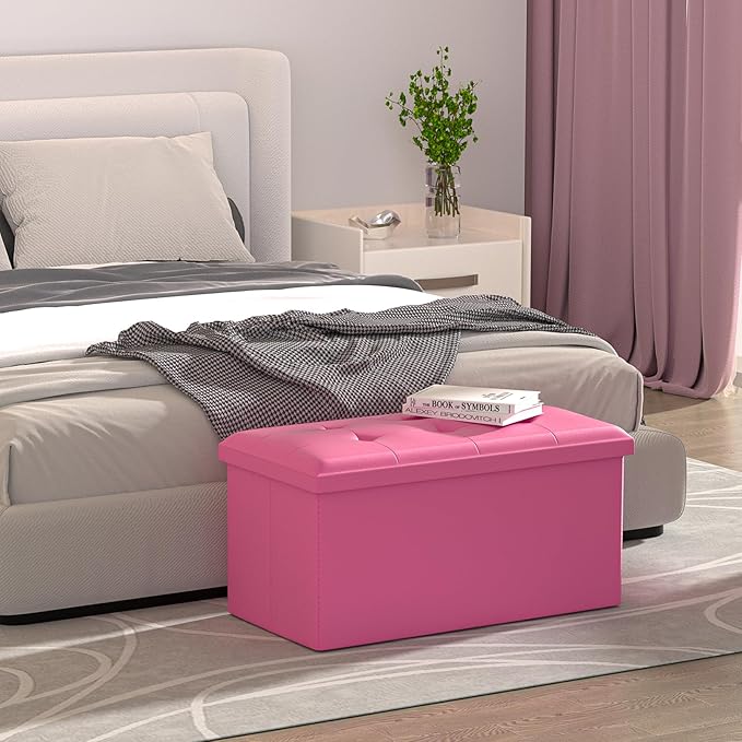MoNiBloom 30 Inch Storage Ottoman Bench, 24 Gal. Folding Ottoman Footrest, End of Bed Bench, Rectangle Foot Stool, Supports 600 lbs, for Bedroom, Living Room, Entryway, Hallway, Hot Pink