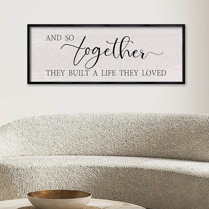 LuZhiQiang And So Together They Built A Life They Loved Farmhouse Wall Decor 40"x15" Rustic Master Bedroom Romantic Sign Large Wood Framed for Above Over Bed Couples Hanging Wall Art (Black)