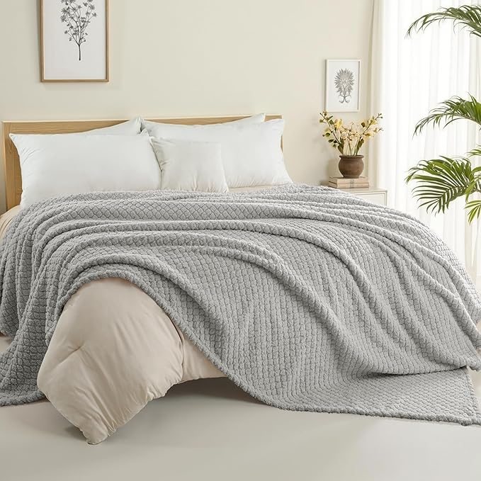 Exclusivo Mezcla Queen Size Fleece Blanket for Bed, Extra Soft Warm Decorative Fuzzy Blanket for Women, Lightweight Cozy Bedding Blankets, 90x90 Inches, Light Grey