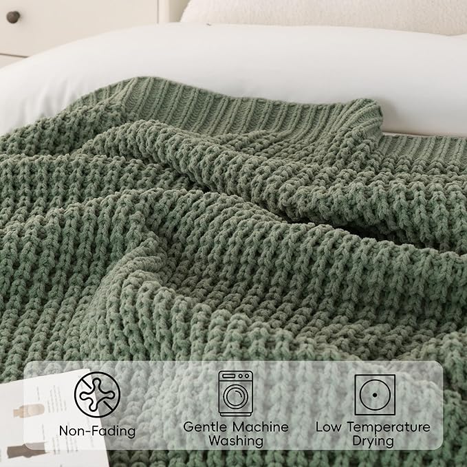 Bunnikins & Clover Knitted Waffle Throw Blanket 60x80 Inches, Sage Green Throw Blanket for Couch, Soft Cozy Chenille Knit Blanket Warm Decorative Throw for Sofa