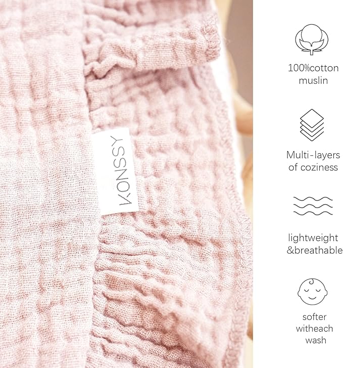 Konssy Flounce Muslin Baby Blanket for Girls Boys, 100% Cotton Soft Crib Swaddle Blankets, Reversible & Breathable Nursery Bedding for Newborns Toddlers, 40 x 36 Inches (Baby Pink)