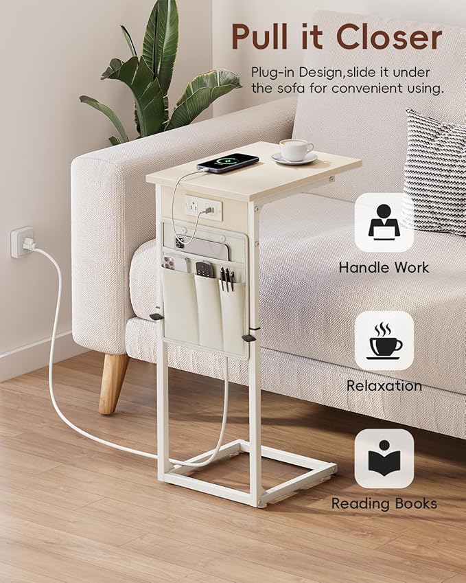 Vagusicc C Shaped End Table with Charging Station, Adjustable Height Side Table for Couch, Small Sofa Table C Table End Table, Slide Under Couch Table TV Tray Arm Table for Living Room, Bedroom, Cream