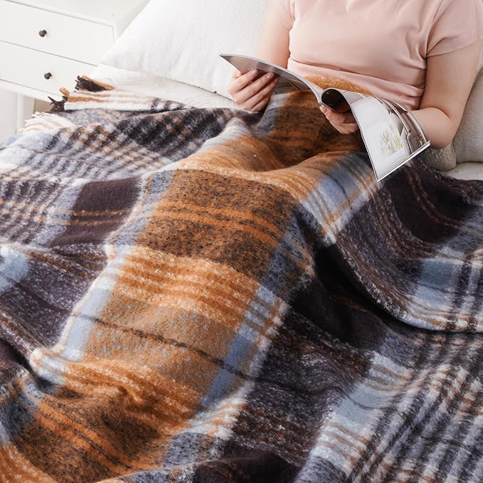 BATTILO Plaid Throw Blanket for Couch Bed, Soft Mohair Tartan Plaid Blanket, Farmhouse Style Checkered Pattern, Bluish Grey Throw Blankets for Home Decor(50"x60")
