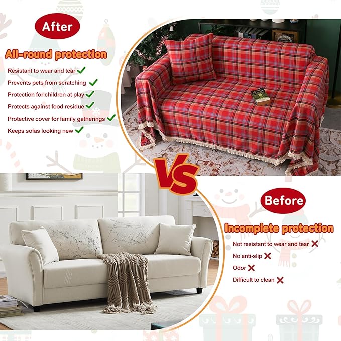 HANDONTIME Red Plaid Couch Cover Christmas Decorations, Sofa Cover for Couches Buffalo Check Sectional Couches Covers for Dogs Cats Red and Black Grid 3 Seater Cover Couch Cushion Covers, 71"x 134"