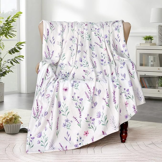 Purple Lavender Floral Throw Blanket Flower Botanical Throw Blankets Ultra Soft Cozy Flannel Throw Blanket Lightweight Fleece Fuzzy Plush Throw Blankets for Bed Chair Couch 50" X 60"