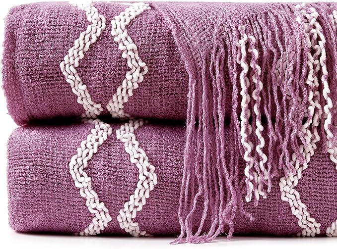 BOURINA Fluffy Chenille Knitted Fringe Throw Blanket Lightweight Soft Cozy for Bed Sofa Chair Throw Blankets Deep Purple 50" x 60"