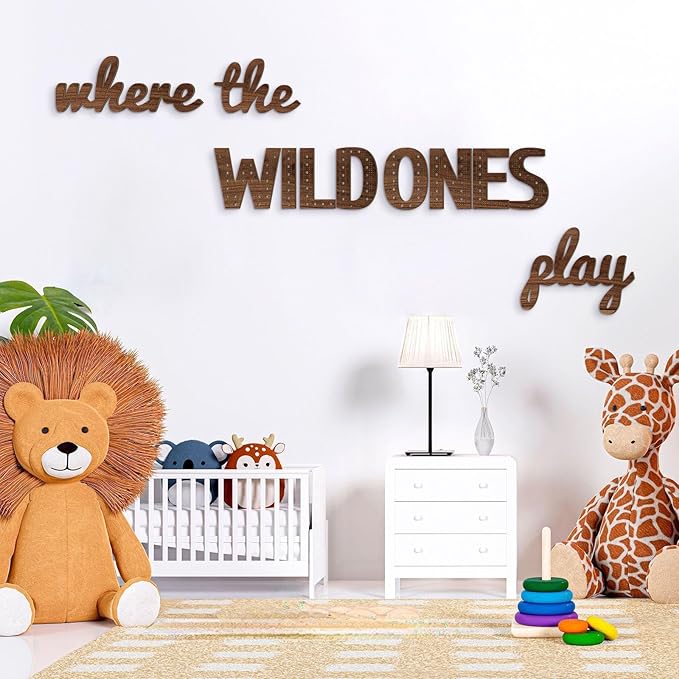 Where the Wild Ones Play Nursery Sign Wooden Playroom Wall Decor Playroom Decoration Word Play Room Sign for Wall Plaques(23 Inch,Brown)