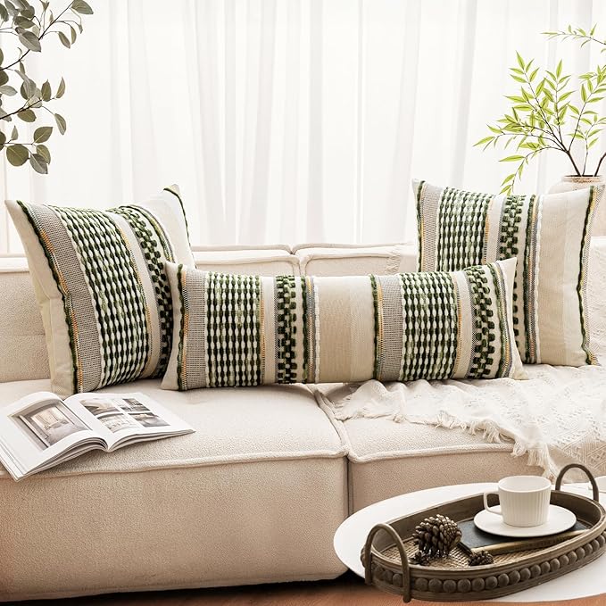 ANRODUO Pack of 2 Boho Decorative Throw Pillow Covers 26x26 Farmhouse Cushion Case Striped Chenille Pillow Cases Square Pillow Covers Accent Neutral Pillowcase for Sofa Couch Bed, Olive Green Stripe