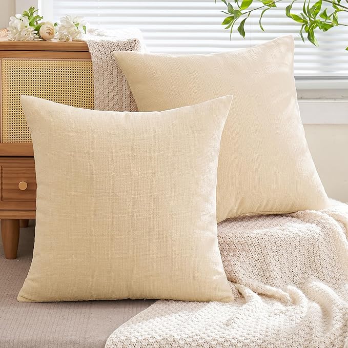 MIULEE Beige Couch Pillow Covers 18x18 Inch, Set of 2 Soft Chenille Decorative Square Throw Pillow Covers Farmhouse for Sofa Living Room Bed