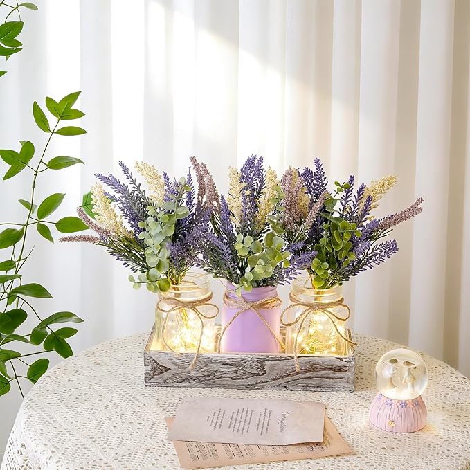LUEUR Mason Jar Lights Centerpiece Table Decor with Wood Tray – 3 Lighted Glass Jars with Purple Lavender Flowers, Home Decoration for Dining Table, Coffee Table, Kitchen & Living Room