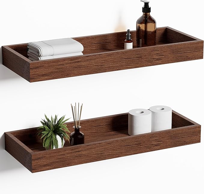 Floating Shelves for Wall, Wooden Wall Shelves for Bedroom Living Room Kitchen, Modern and Rustic Bathroom Shelves with Raised Lip, Decor Floating Shelf for Storage (Walnut-Like,2 Set,15.7 in)