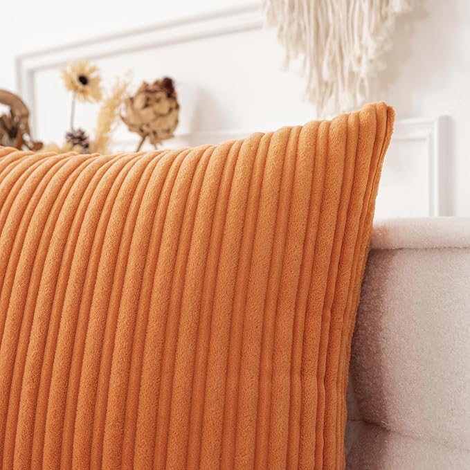 UGASA Fall Decorative Soft Velvet Stripe Lumbar Pillow Cover 1 Pack Solid Corduroy Textured Euro Oblong Cushion Case for Couch Bedroom Sofa Farmhouse, 12x20 Inch, Orange