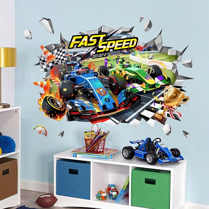 3D Racing Car Wall Decals - Speeding Race Car Break Through Wall Stickers for Boys Kids Toddles Teens Bedroom Nursery Playroom Classroom Decor