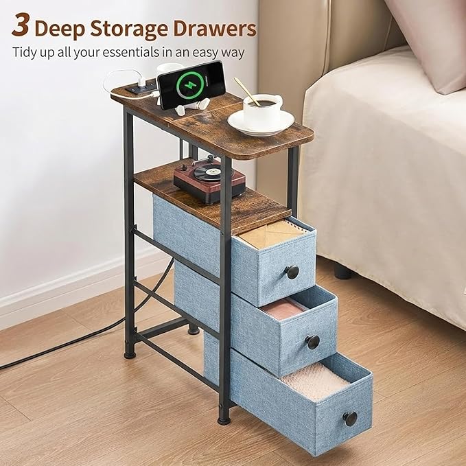 Narrow End Table with Charging Station, Narrow Side Table with Drawer, Small Nightstand with LED Light, Skinny Nightstand, Small Bedside Table for Living Room, Grey
