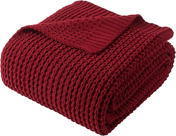 Bunnikins & Clover Christmas Throw Blanket for Couch, Knitted Waffle Throw Blanket, Red Blanket Throw for Women Mothers Birthday Gifts, 60"x80"