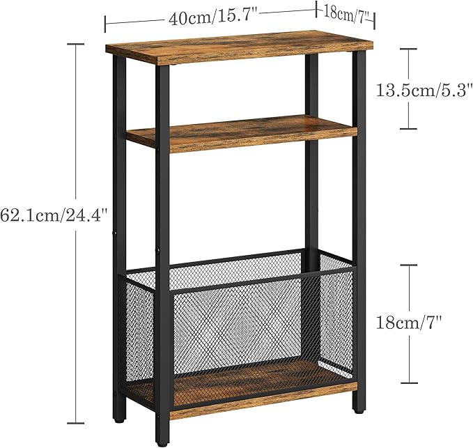Narrow Side Table with Storage Basket Skinny End Tables for Smalls Spaces 3 Tier Sofa Table Small Nightstand Slim Bedside Table for Living Room Bedroom Rustic Brown MLBZ22RB