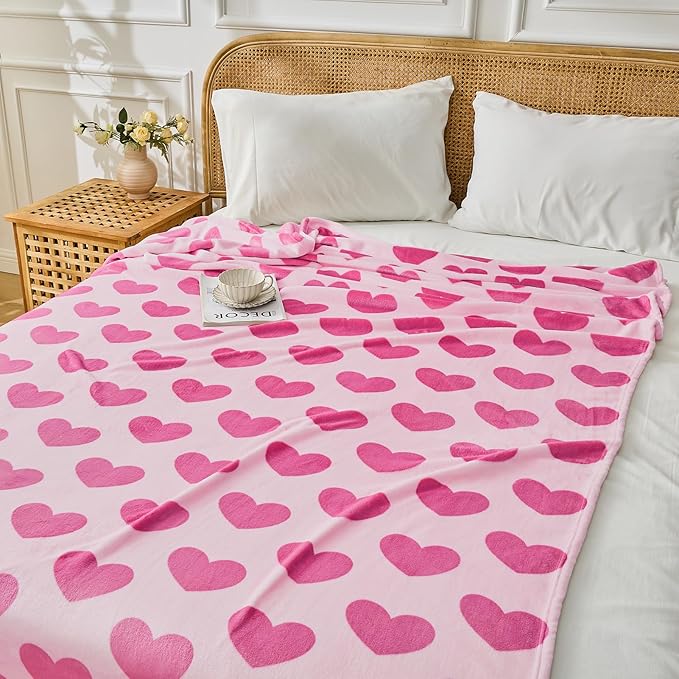 FY FIBER HOUSE Heart Flannel Throw Blanket Soft Cozy Blankets for Lover Gifts All Season Use, 50x60 Inches, Hot Pink