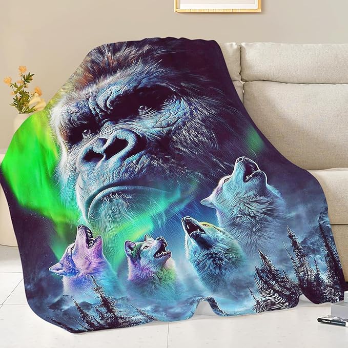Gorilla Wolf Blanket for Girls Women Boys Men Adults Kids Soft Cozy Fleece Aurora Chimpanzee Foot Throw Blankets Gifts Warm Flannel Plush Lightweight Decor for Couch Bed Sofa 80"X60"