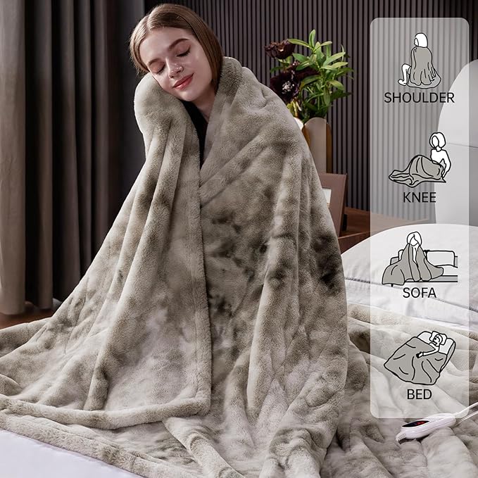 Guohaoi Heated Blanket Electric Throw, Soft Faux Rabbit Fur Electric Blanket with 10 Heating Levels 5 Sitting Timer Auto Off, Cozy Warm Heating Blankets, Machine Washable(72"×84" Light Grey)