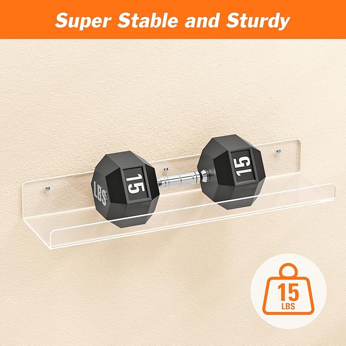 2 Pack Floating Shelves for Wall, 15" Clear Book Shelf, Acrylic Floating Wall Shelf, Display Shelves Organizer for Bathroom, Classroom, Bedroom, Living Room, Kitchen, Room Decor