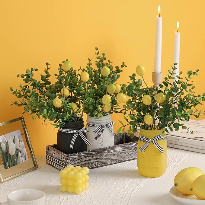 Lemon Mason Jars Centerpiece for Table, Wood Tray with 3 Painted Jars, Dining Coffee Table Centerpiece For Kitchen, Living Room, Spring & Summer Home Decor with Lemon