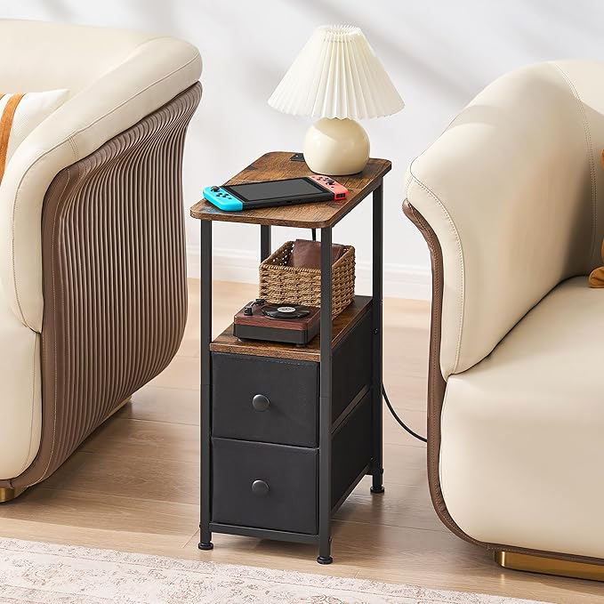 Narrow End Table with Charging Station, Narrow Side Table with Drawer, Small Nightstand with LED Light, Skinny Nightstand, Small Bedside Table for Living Room, Bedroom, Couch, Rustic Brown