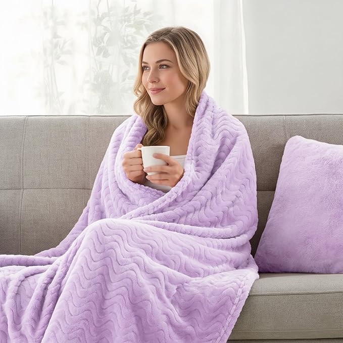 Exclusivo Mezcla Fleece Throw Blanket for Couch, Cozy Lightweight Blankets for All Season, Decorative Giftable Fuzzy Plush Wave Textured Throws for Women, Men, Lilac Purple, 50x70 Inches