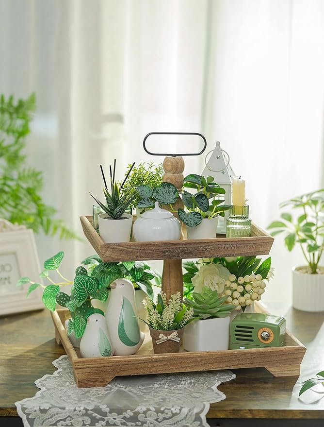 Hanobe Tiered Tray for Table Decor: Spring 2 Tier Decorative Tray Stand for Coffee Bar - Large Farmhouse Display Stands for Seasons - Wood for Kitchen Counter Decorations