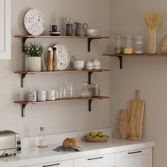 DINZI LVJ Long Wall Shelves, 47.3Inch Wall Mounted Shelves Set of 4, Extra Large Floating Storage Ledges with Sturdy Metal Brackets for Living Room, Bathroom, Bedroom, Kitchen, Rustic Brown