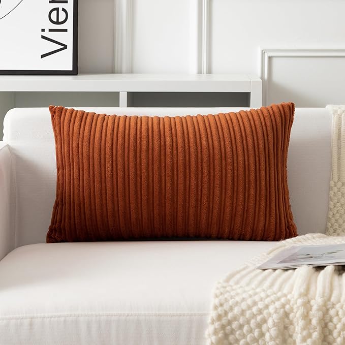 UGASA Fall 12x24 Inch Pillow Cover Pack of 1 Soft Boho Stripe Corduroy Long Rectangle Lumbar Cushion Case Farmhouse Decorative Throw Pilowcase for Bed, Couch, Sofa, Bedroom, Living Room, Burnt Orange