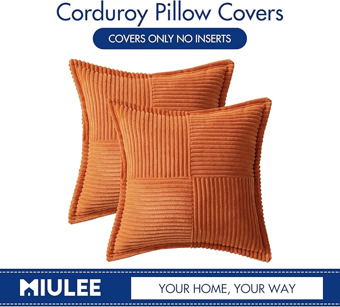 MIULEE Orange Decorative Throw Pillow Covers for Couch Bed Livingroom 20x20 Inch Set of 2 Boho Accent Throw Pllows Broadside Striped Patchwork Soft Corduroy Pillowcases