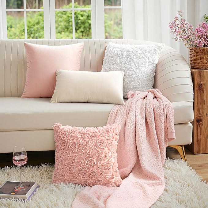 MIULEE 3D Rose Flower Pillow Covers Pack of 2 Decorative Spring Floral Romantic Stereo Chiffon Aesthetic Solid Pillowcase for Girl Bedroom Living Room Decor 12x20 Inch Peach Pink
