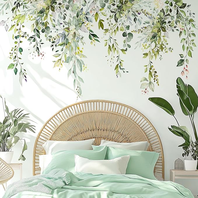 Green Plants Leaves Wall Decals Peel and Stick, Large Floral Flowers Wall Stickers, Removable Vine Home Decor Art for Bedroom Living Room Classroom Office