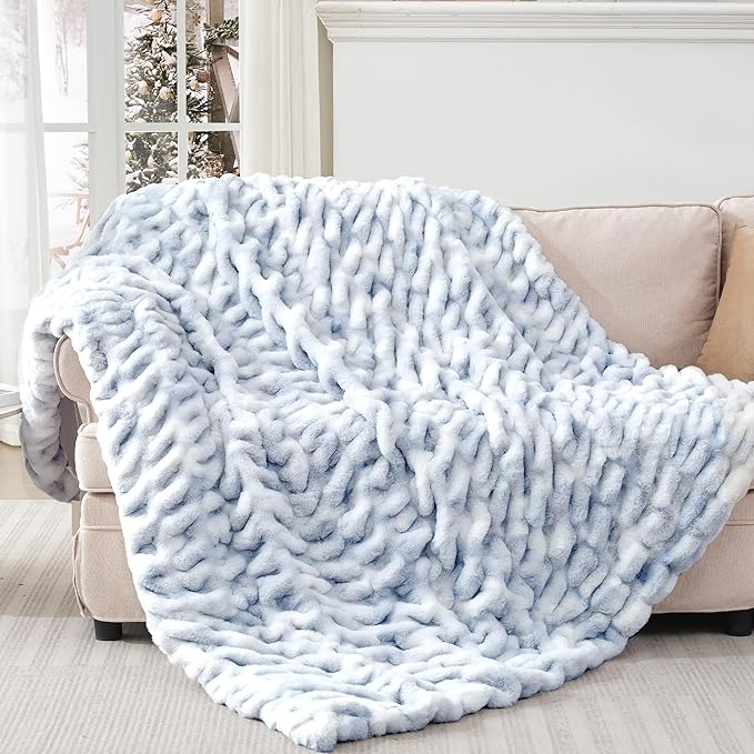 Touchat Ruched Faux Rabbit Fur Throw Blanket, 700 GSM Luxury Dual-Sided Soft Cozy Blanket, Fuzzy Fluffy Plush Blanket for Bed, Couch and Sofa - 50"x60", Tie-dye Blue