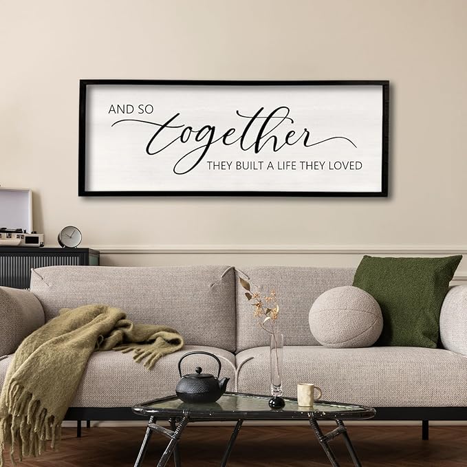 comurdyo And So Together They Built A Life They Loved Framed Wood Farmhouse Sign - 32'X12' Master Bedroom Above Bed Wall Art for Love Sign Decor (Black)