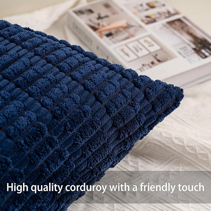 Aegero Pack of 2 Corduroy Decorative Throw Pillow Covers 22x22 Inch Soft Striped Pillow Covers Modern Farmhouse Home Decor for Sofa Living Room Couch Bed（Blue）