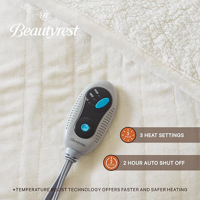 Beautyrest Heated Blanket, Eletric Throw Blanket, Soft, Warm, Reversible Plush - Sherpa Heating Blanket Throw for Office, Couch, 3 Heat Settings, 2 hr Auto Shut Off, Machine Washable, 50 x 60 Ivory